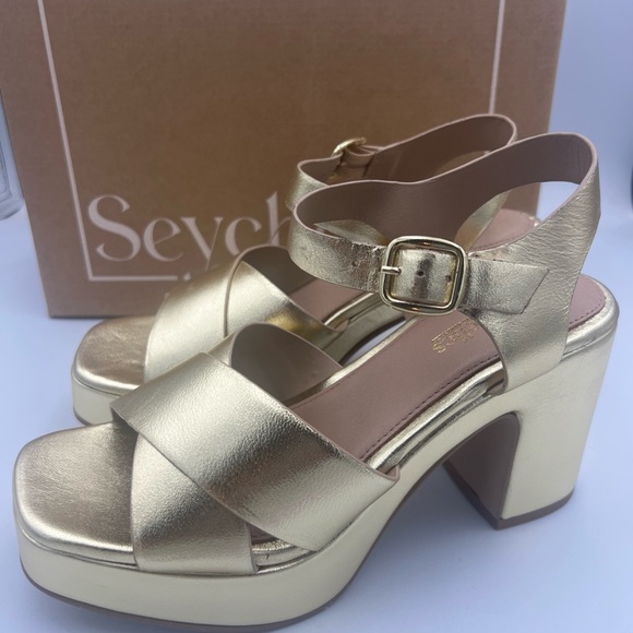 Seychelles Blessings Gold Leather Sandal Block Heel Women’s Size 8.5 NEW W/BOX - Picture 1 of 13
